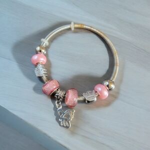 Silver Pink butterfly Rhinestone bracelet